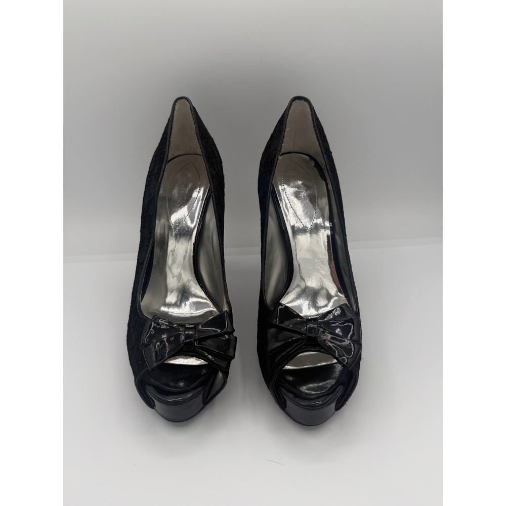 Guess Black Lace Peep Toe Platform Pumps with Patent Bow Detail Y2K Womens  8.5